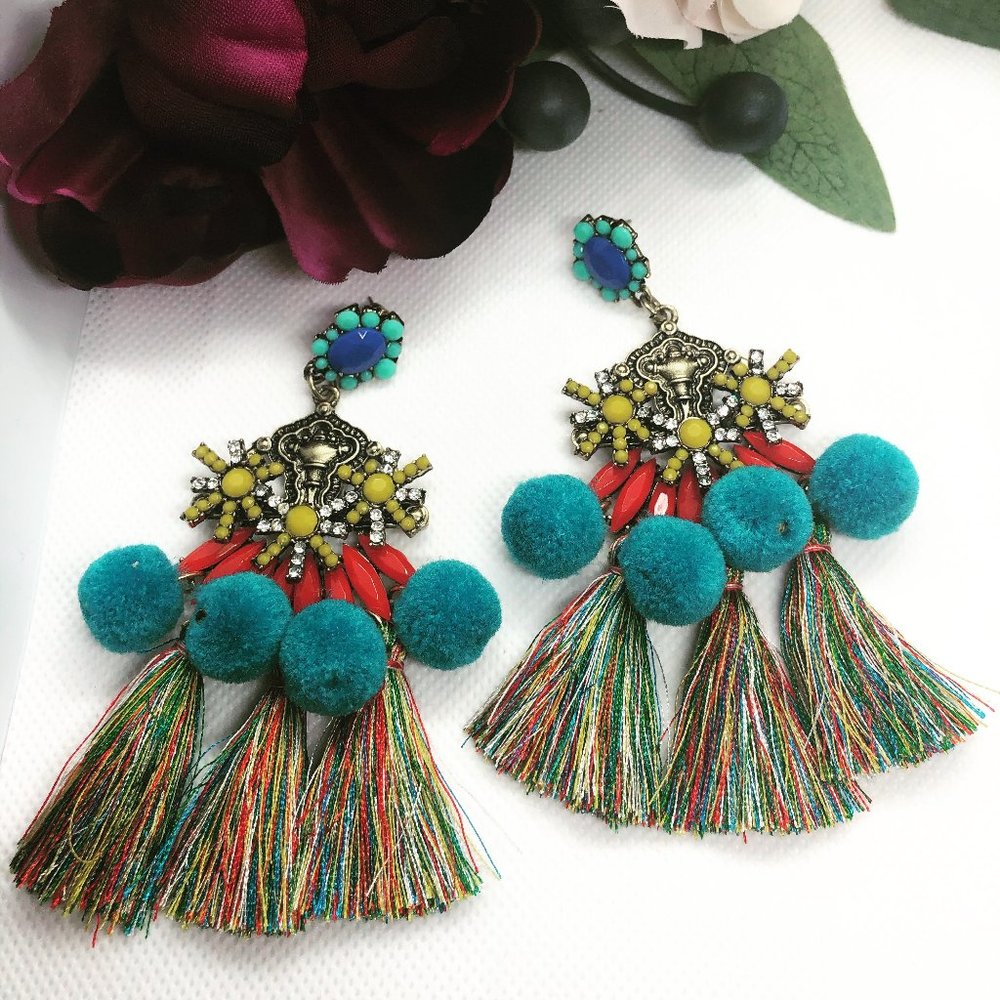 Bohemian Statement Tassel Pom Pom Earrings